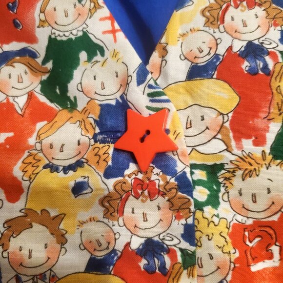 Womens Colorful Faces Print Teachers Vest Star Buttons Lining Handmade Large - Picture 2 of 7